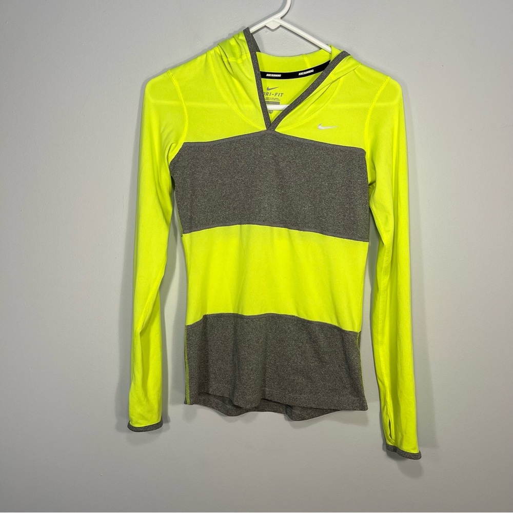 Nike Shirt Womens Extra Small Yellow Gray Striped Running Lightweight Hooded